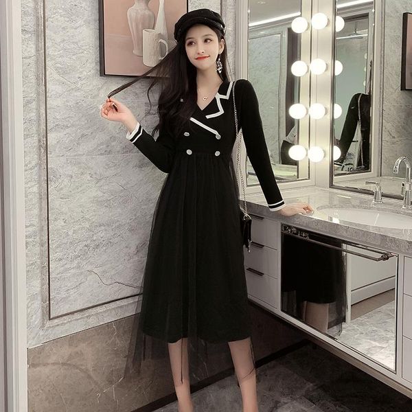 

casual dresses women's dress winter maxi 2021 mesh stitching long sleeve knit sweater, Black;gray