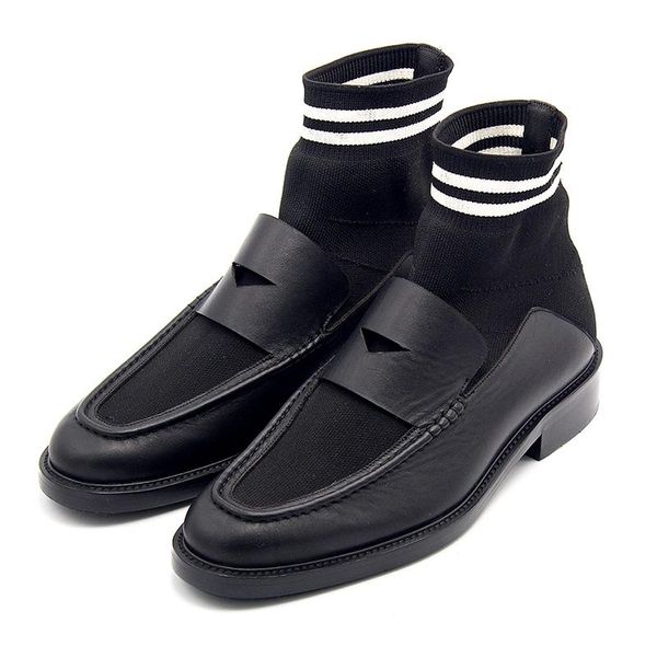 

boots men sock fashion stretch patchwork real leather loafers shoes autumn winter casual business slip on warm cotton, Black