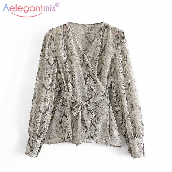 Aelegantmis Snake Print Sexy Свободные Топы Женщины Sashes Тонкая Обратная одежда Тонкая Устройство Животных Уровень Уровень моды для женщин 210607