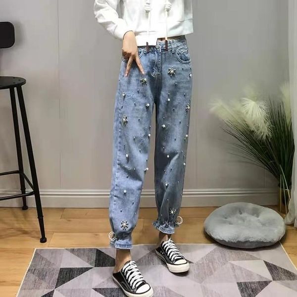 

women's jeans arrival summer korean style women casual button waist ankle-length pants beading design cotton denim harem w417, Blue