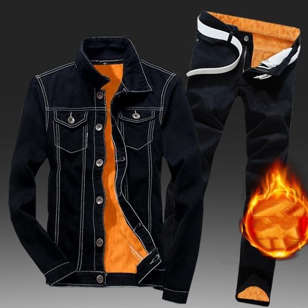 

men's tracksuits winter men fleece lining thick warm denim two piece set slim fit cowbody jacket jeans suit safari style cargo pants ma, Gray