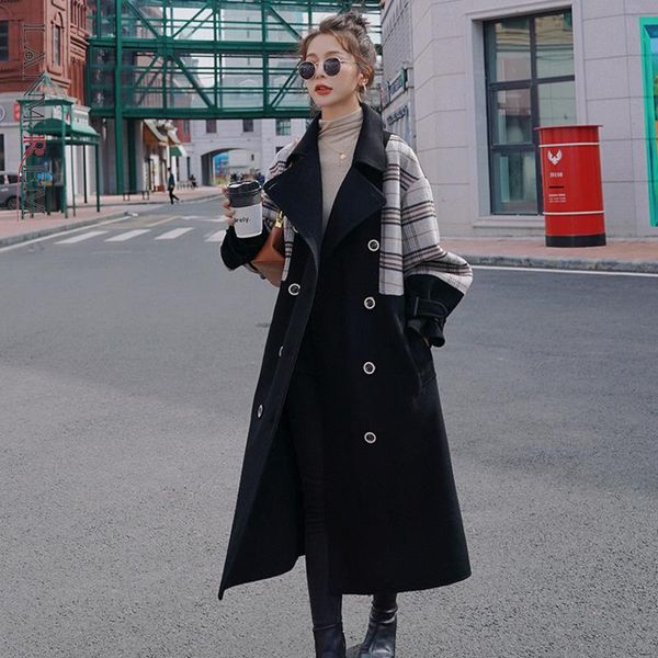 

women's wool & blends [ewq] 2021 autumn winter queen clothing stitching plaid coat long-sleeved loose woolen jacket high-quality warm b, Black
