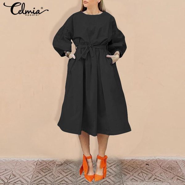 

fashion bohemian dress celmia lantern sleeve mid-calf party dresses women casual solid color ruffled vestidos belted robe, Black;gray