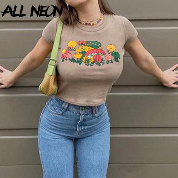 

allneon indie aesthetics mushroom pattern baby tees y2k streetwear o-neck short sleeve kawaii crop 90s fashion t-shirts women's t-shir, White