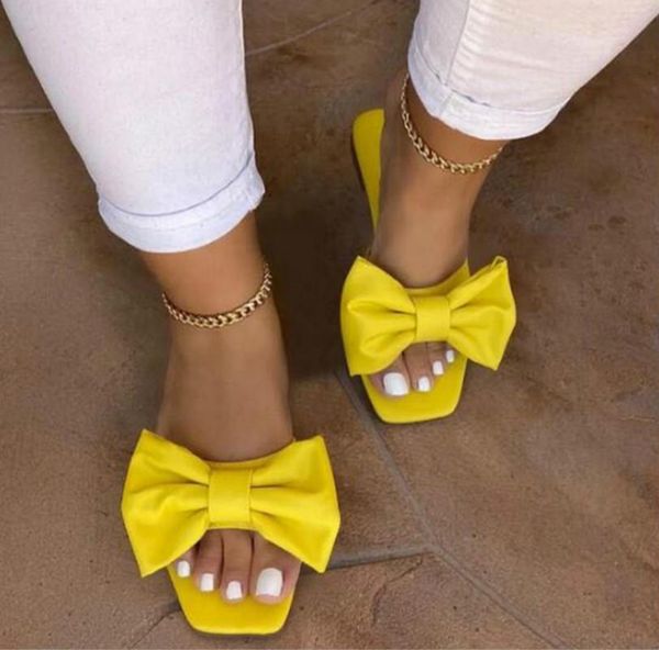 

slippers 2021 fashion yellow square open toe bowknot flat heel slip-on slides casual summer outdoor beach female flip flops, Black