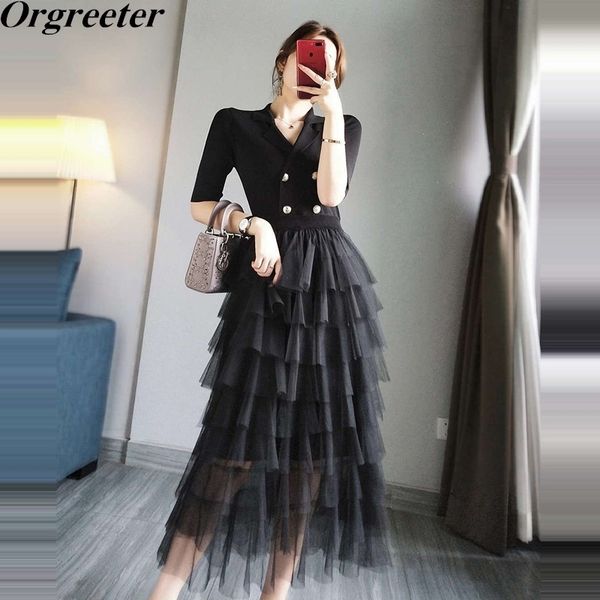 

fake two piece splicing knitted dress summer fashion notched double-breasted layered ruffled mesh ball gown cake women 210525, Black;gray