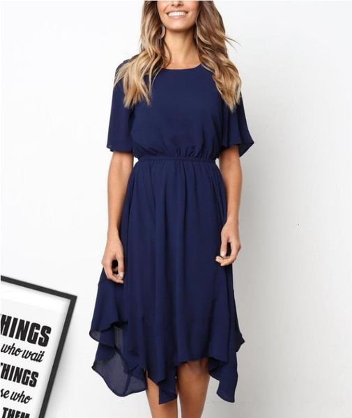 

party dresses casual women short sleeve solid o-neck elastic waist irregular hem spring summer knee length diz5, White;black