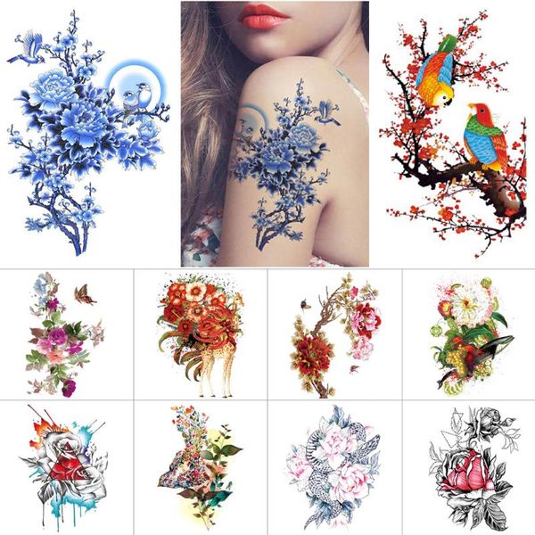 

temporary tattoos flower tattoo stickers red rose peony clock waterproof blue gold plant body art for women