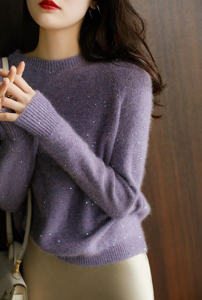 

women's sweaters autumn 2021 base outer wear sweater lavender purple sequin soft waxy light warm round neck knitted, White;black
