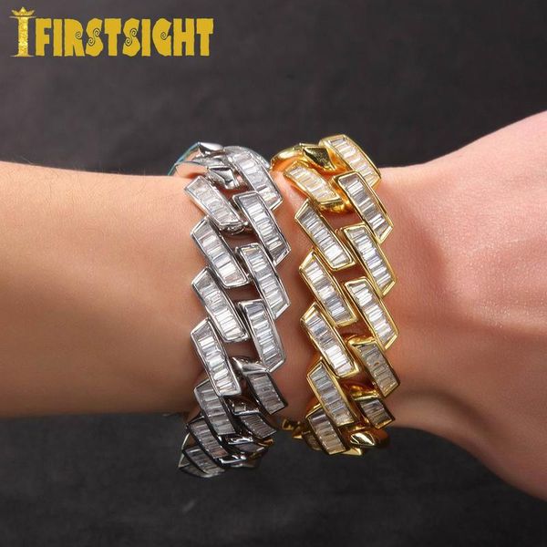 

charm bracelets silver color mens bracelet 19mm baguette prong cuban link iced out bling cz jewelry hip hop rock fashion gift, Golden;silver
