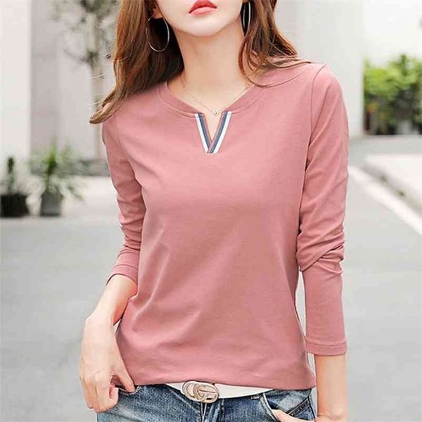 

v neck 100% cotton t shirt woman spring fashion long sleeve shirt women's t-shirt loose korean style plus size women shirts 210406, White