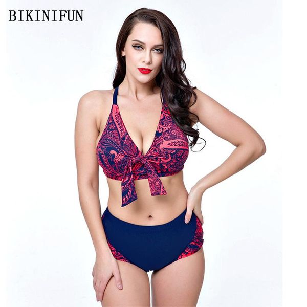 

plus size bikini women swimsuit cashew flowers print swimwear 48-56 bow knot bathing suit high waist set women's, White;black