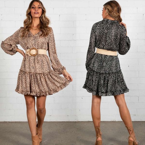 

casual dresses dress v-neck long sleeve pleated with printed waist skirt in autumn and w cx4h, Black;gray