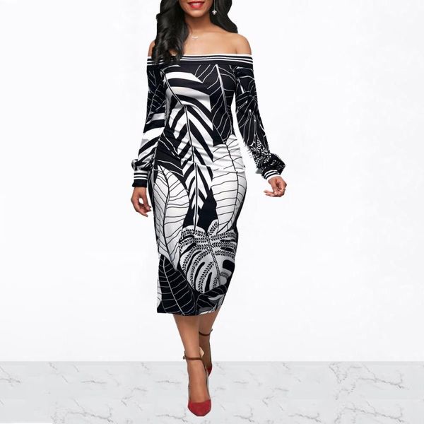 

women print dress slash neck full sleeve bodycon party night club midi robe femme vintage vestidos casual dresses, Black;gray