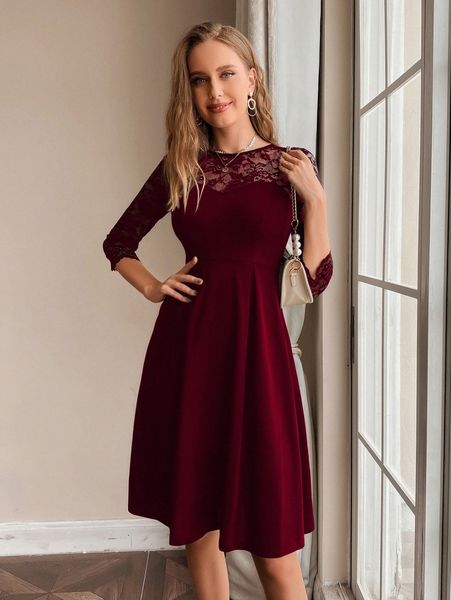 

contrast lace panel zip back flare dress y0gh#, Black;gray