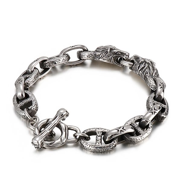 61g Motociclista Vintage Casting Pulseira de Aço Inoxidável Chain Link Lion Head Clasp Bange para Homens Cool Gifts.Husband presentes.Holiday presentes 12mm 9,2 polegadas