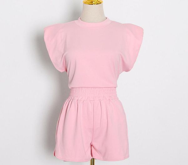 

summer women's clothing casual simplicity flying sleeve design t-shirt igh waist wide leg shorts suit tracksuits, Gray