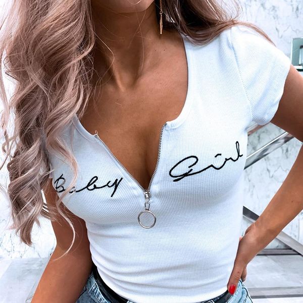 

women's t-shirt 2021 fashion women summer casual t-shirts patchwork design zipper decor o-neck short sleeve letter print slim pullovers, White