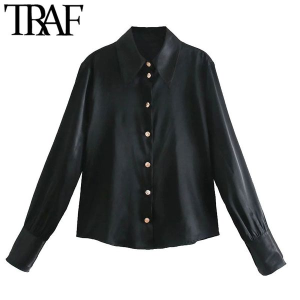 

traf women fashion with metal button croxy blouses vintage lapel collar long sleeve female shirts blusas chic 210415, White