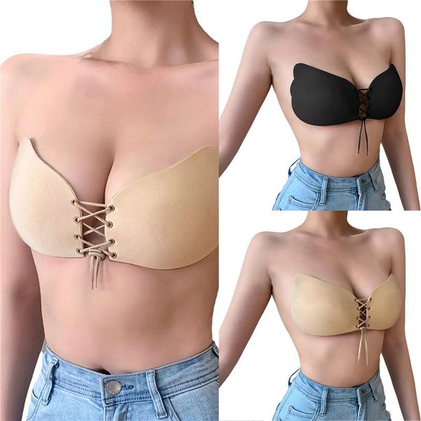 

fashion trend women bra stickers with adjustable bandage lifter gathers deep v neck strapless intimates accessories women's g-strings, Black;white