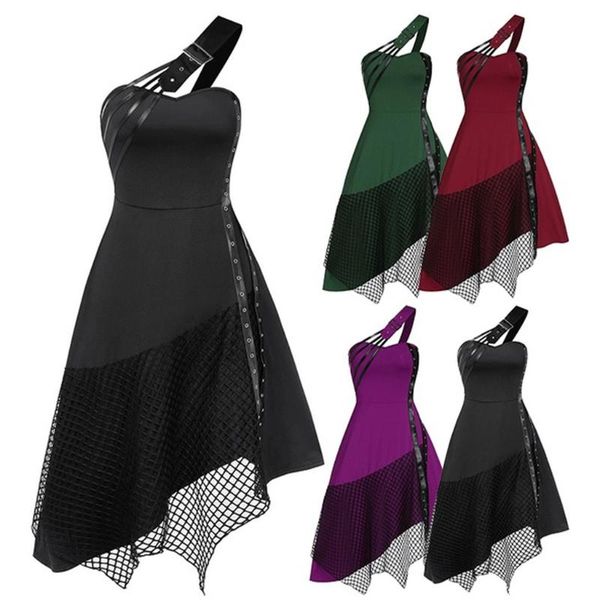 

casual dresses women dress sleeveless gothic vintage solid color irregular stitching for vestido de mujer, Black;gray