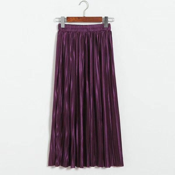 

skirts vintage metallic women solid spring summer high waist pleated casual loose ladies long a-line jupe femme, Black