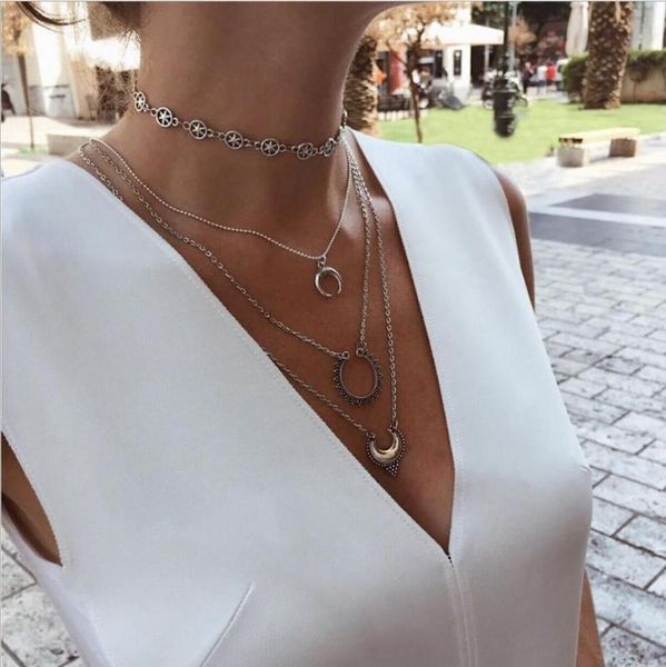

pendant necklaces four layers multi layer necklace alloy star disc chocker moon oxhorn circle silver plated metal chain for women gift