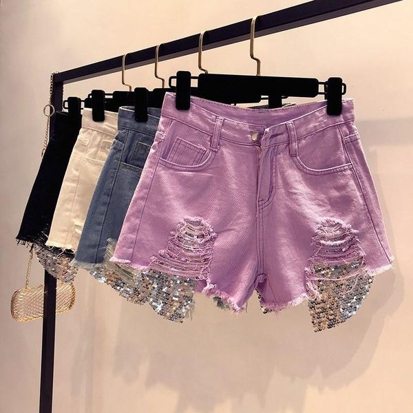 

women's shorts 2021 summer sequins hole denim women fashion high waist solid color wide leg casual jeans, White;black