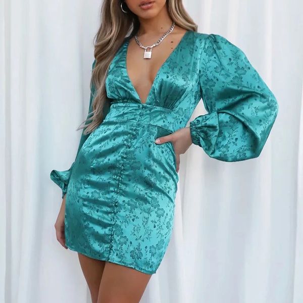 

vintage bodycon satin party dress deep v neck button up green mini dress flower print lantern sleeve pink dress 210415, Black;gray