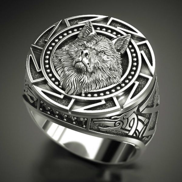 

925 vintage totem thai silver nordic mythology viking warrior wolf head men's ring, Golden;silver