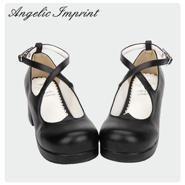 

japanese sweet-heart criss cross ankle strap lolita shoes black pu leather square high heel womens dress
