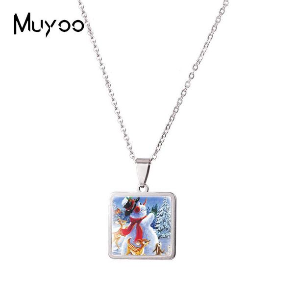 

chains 2021 kawaii snowman santa animals winter christmas paintings square pendant handmade stainless steel necklace, Silver