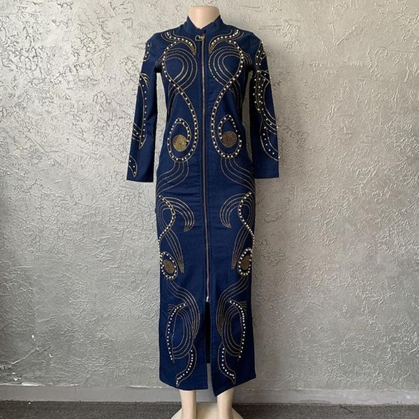 

denim beaded african maxi dresses for women 2021 spring autumn africa clothing muslim long dress fashion lady ethnic, Red