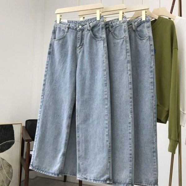 

women's jeans light blue denim trousers vintage wide leg pants women n straight long high waist casual loose with belt autumn
