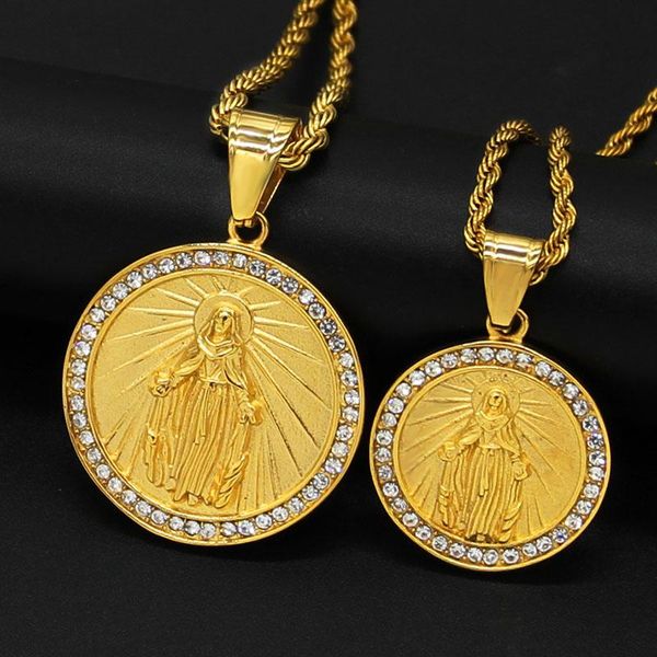 

pendant necklaces hip hop bling iced out gold color stainless steel virgin mary round pendants for women christian jewelrypendant, Silver