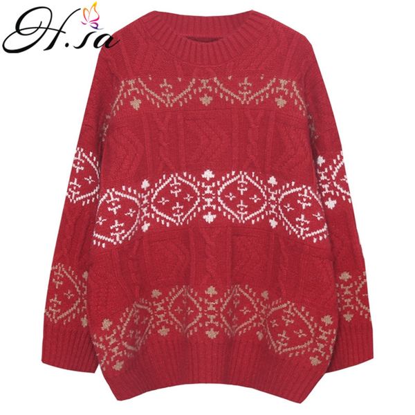 

h.sa women winter pullovers red christmas sweaters casual knitwear retro vintage loose sweater oversized mujer 210417, White;black