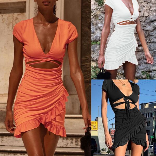 

2021 new summer women's deep v dress with ruffles and buttocks, Black;gray