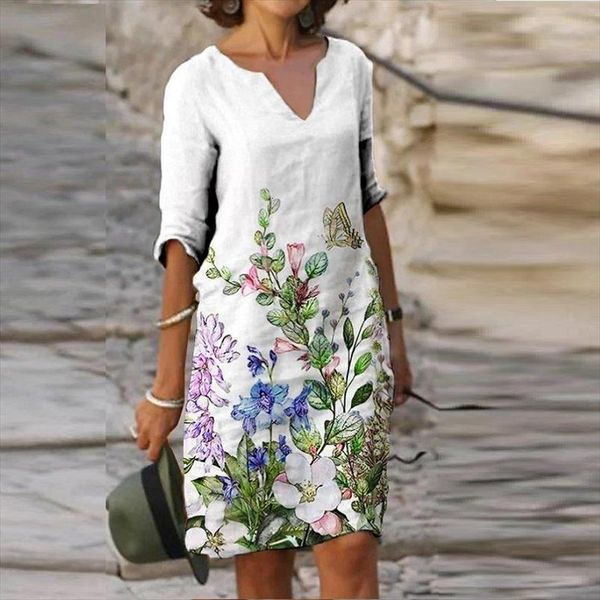 

vintage summer flower print womens dresses short sleeve elegant v neck loose female midi lady vestidos plus size, Black;gray