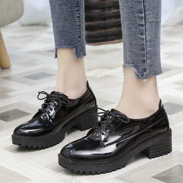 

rimocy spring patent leather short ankle boots for women black lace up platform shoes british style chunky heel 210528