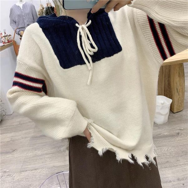 

women's sweaters fall style korean retro college hooded stitching hem cut torn pullover winter clothes women 2021 vintage long sleeve, White;black