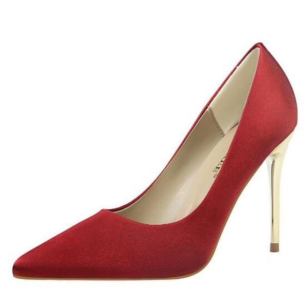 

concise solid silk shallow women pumps pointed toe show thin high heels shoes fashion women's dress, Black