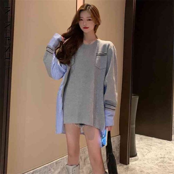 

fashion fake two-piece patchwork sweatshirt women's spring o-neck large size pocket long sleeve shirt 210427, White