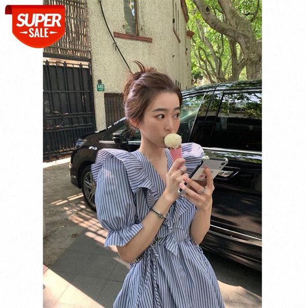 

french striped loose doll skirt women's waist ruffled puff sleeve dress can be issued on behalf of #fb3h, Black;gray