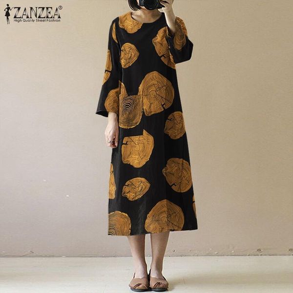 

casual dresses women autumn sundress zanzea vintage printed cotton linen dress long sleeve kaftan vestidos robe femme plus size, Black;gray