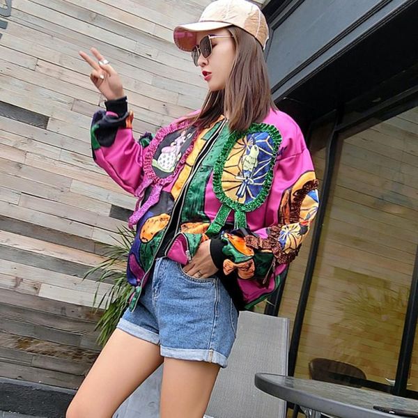 

women's jackets spring autumn abstract creative pattern fashion splicing bright silk loose long-sleeved jacket women y598, Black;brown