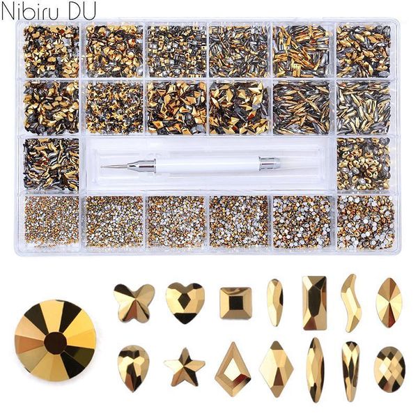 

10040pcs nail rhinestones 3d decoration glass stone flat bottom point drill pen various special shaped art accessories decorations1, Silver;gold