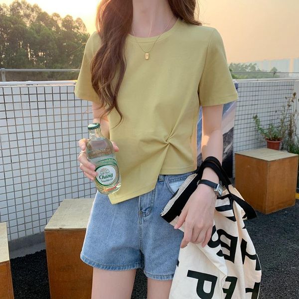 Женская футболка 2021 летний корейский онлайн красный студент тонкий мода круглые шеи нерегулярный верхний рукав