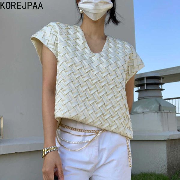 Korejpaa T-Shirt Donna Estate Coreano Chic Retro Temperamento Scollo a V Design Tessuto a Mano Gilet Manica Volante Tinta Unita Sciolto 210526