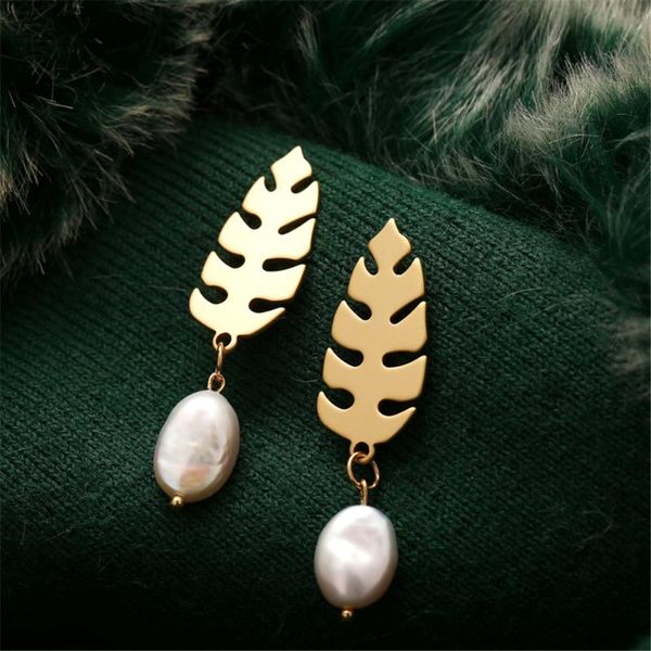 

fine gold color leaf flat pearl drop earrings for women girl flower triangle bohemain statement brincos jewelry gift dangle & chandelier, Silver