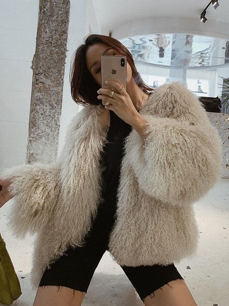 

women's fur & faux luxury women 100% real sheep coat furry fluffy shaggy natural wool pull on casual winter jacket outwear, Black
